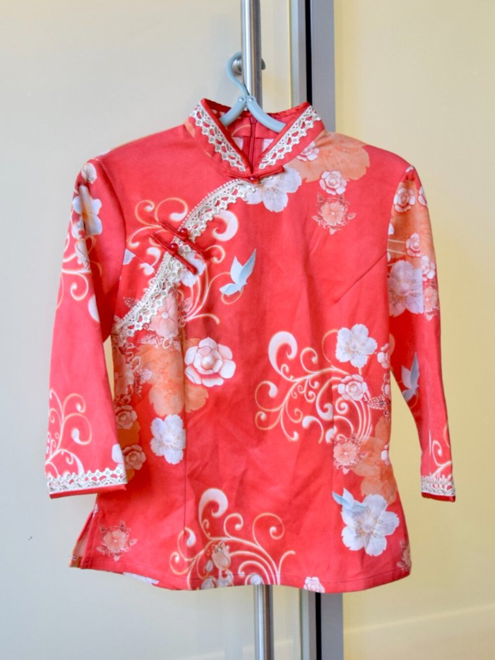 Red Flora Faux Suedue Qipao Blouse - Chinese Top Christmas New Year